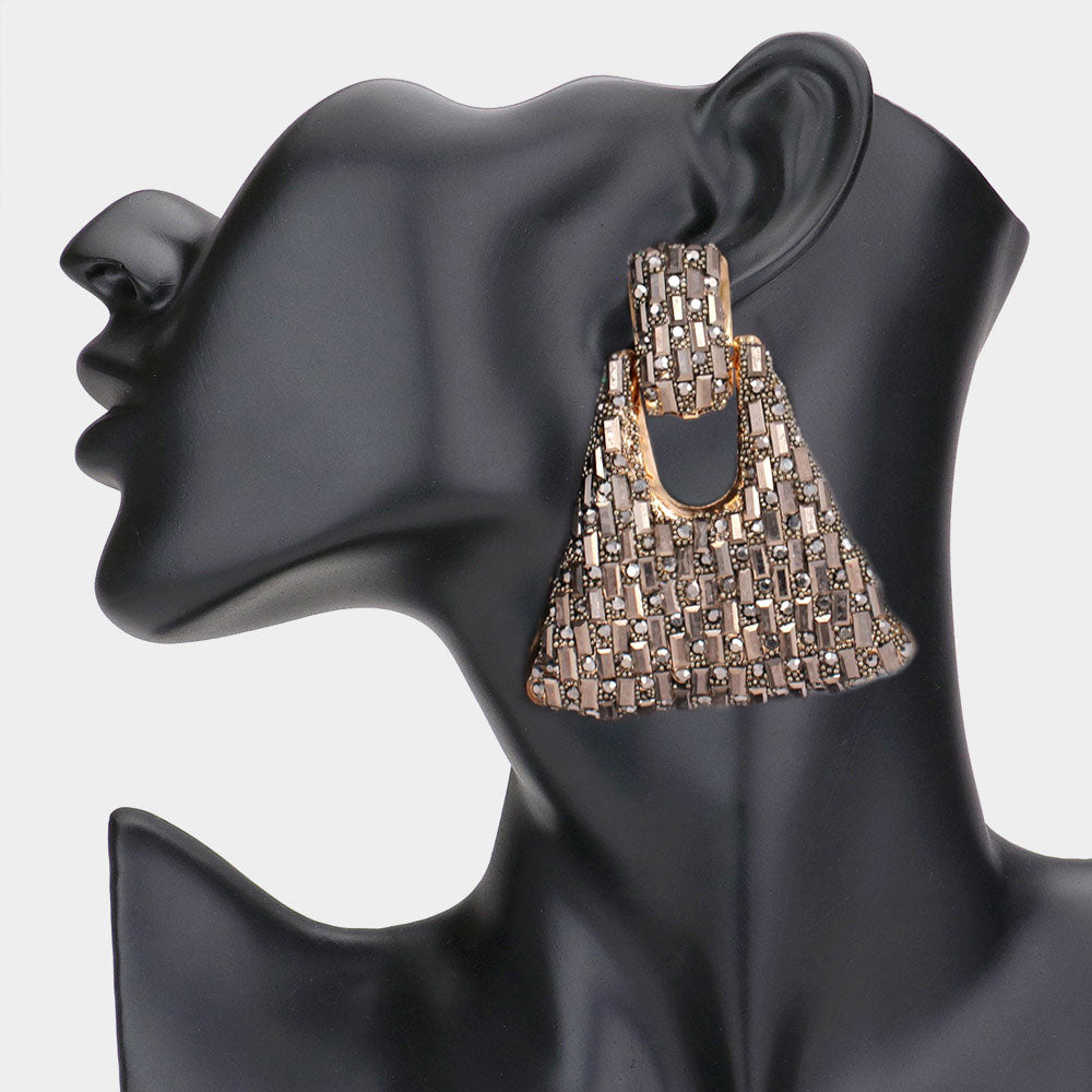 Hematite Crystal Embellished Abstract Door Knocker Pageant Earrings  | Prom Earrings