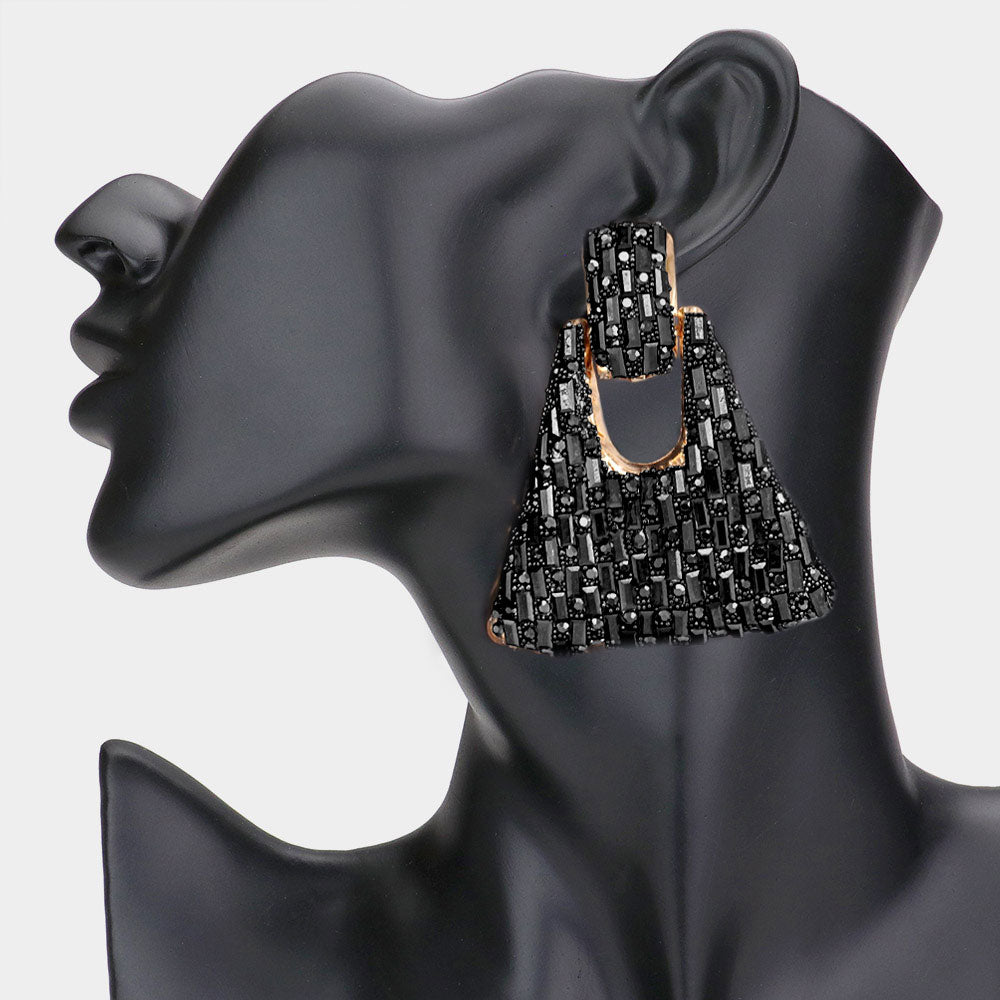 Jet Black Crystal Embellished Abstract Door Knocker Pageant Earrings  | Prom Earrings