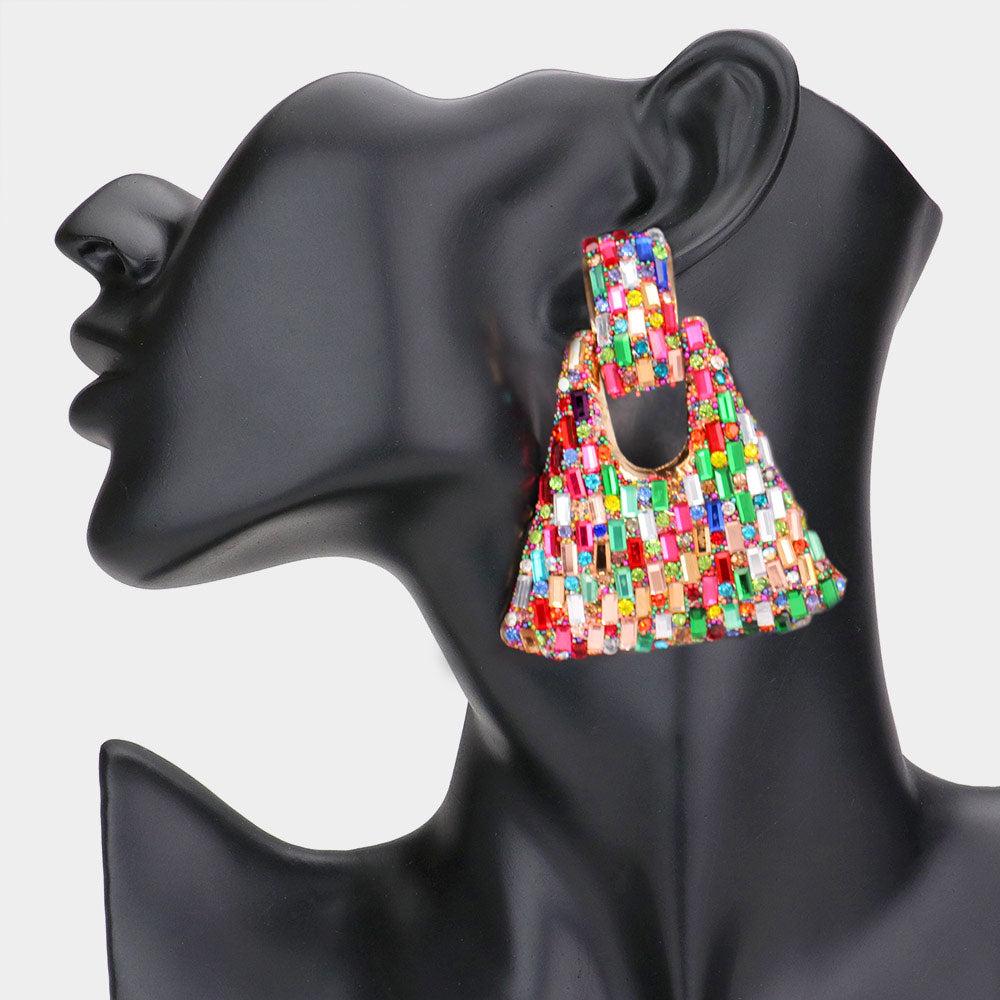 Multi-Color Crystal Embellished Abstract Door Knocker Pageant Earrings | Prom Earrings