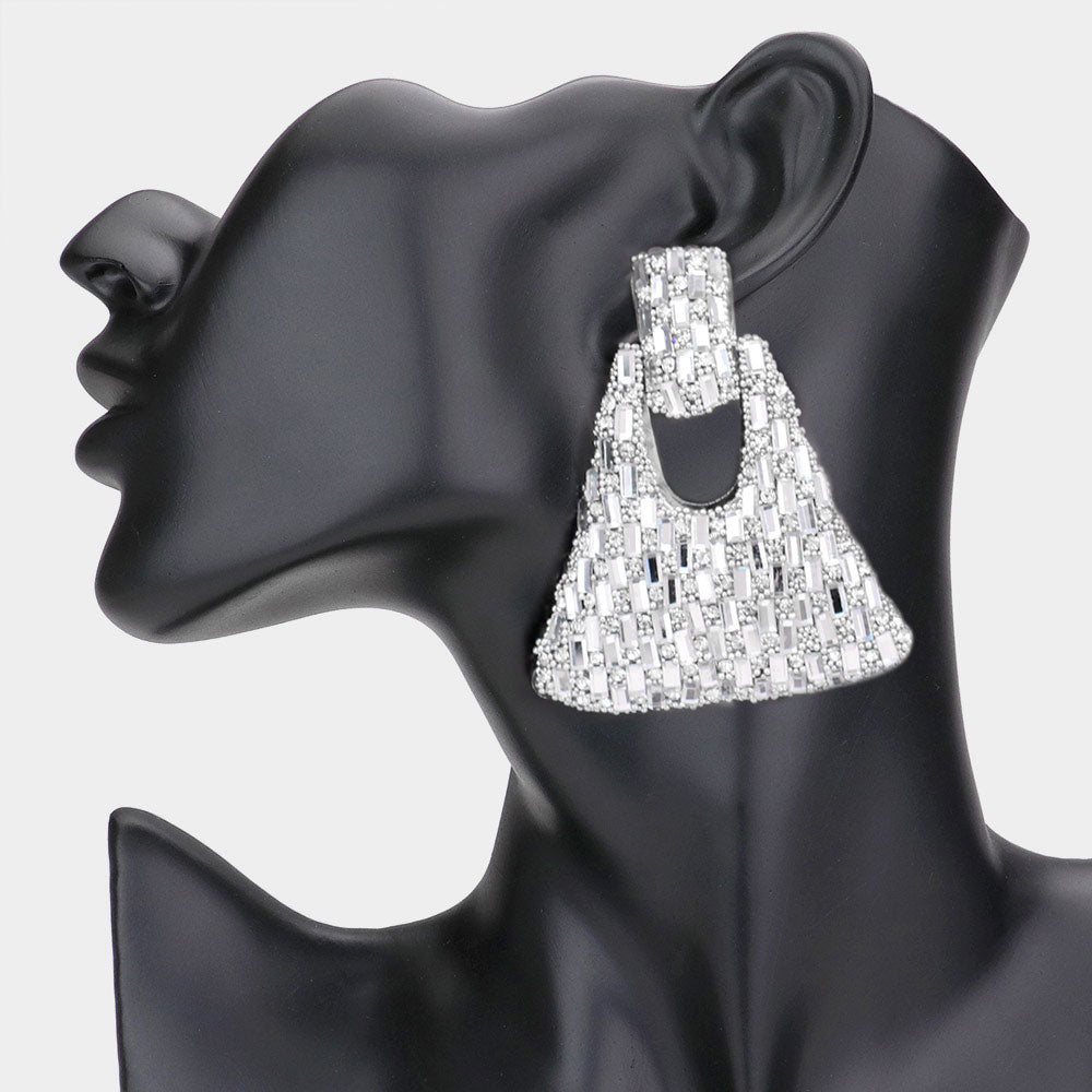 Clear Embellished Abstract Door Knocker Pageant Earrings  | Prom Earrings