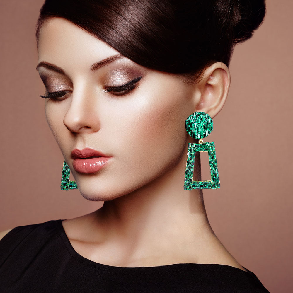 Emerald Crystal Stone Embellished Door Knocker Pageant Earrings  | Prom Earrings 