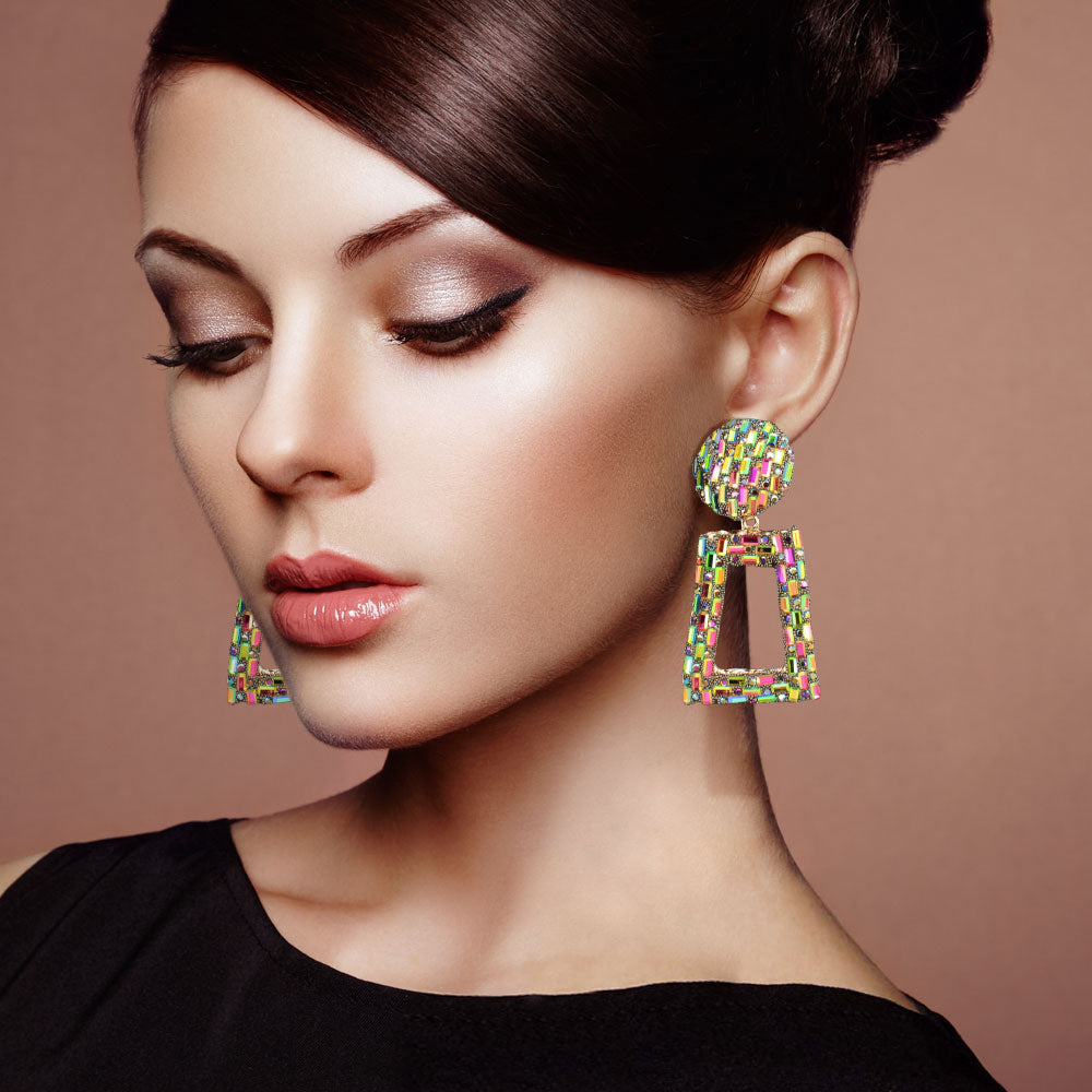 Multi-Color Crystal Stone Embellished Door Knocker Pageant Earrings  | Prom Earrings