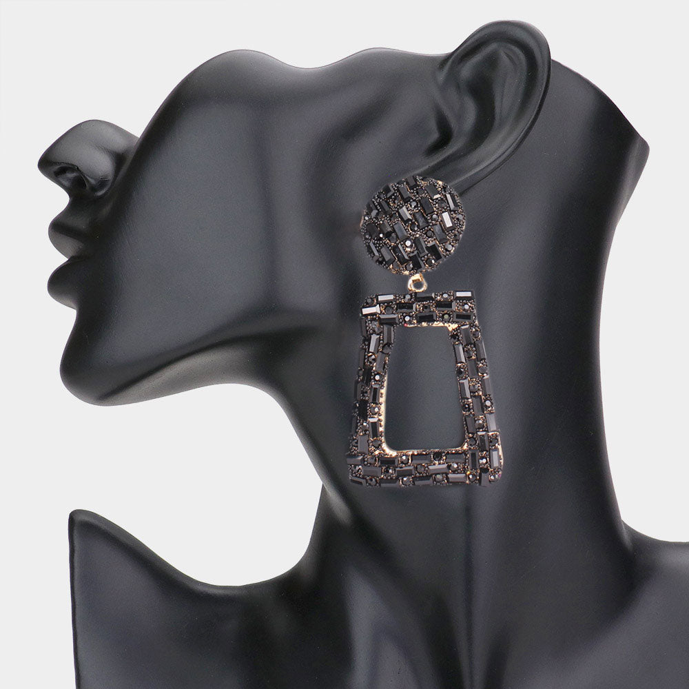 Jet Black Crystal Stone Embellished Door Knocker Pageant Earrings  | Prom Earrings