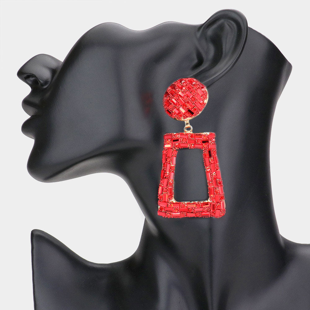 Red Crystal Stone Embellished Door Knocker Pageant Earrings  | Prom Earrings
