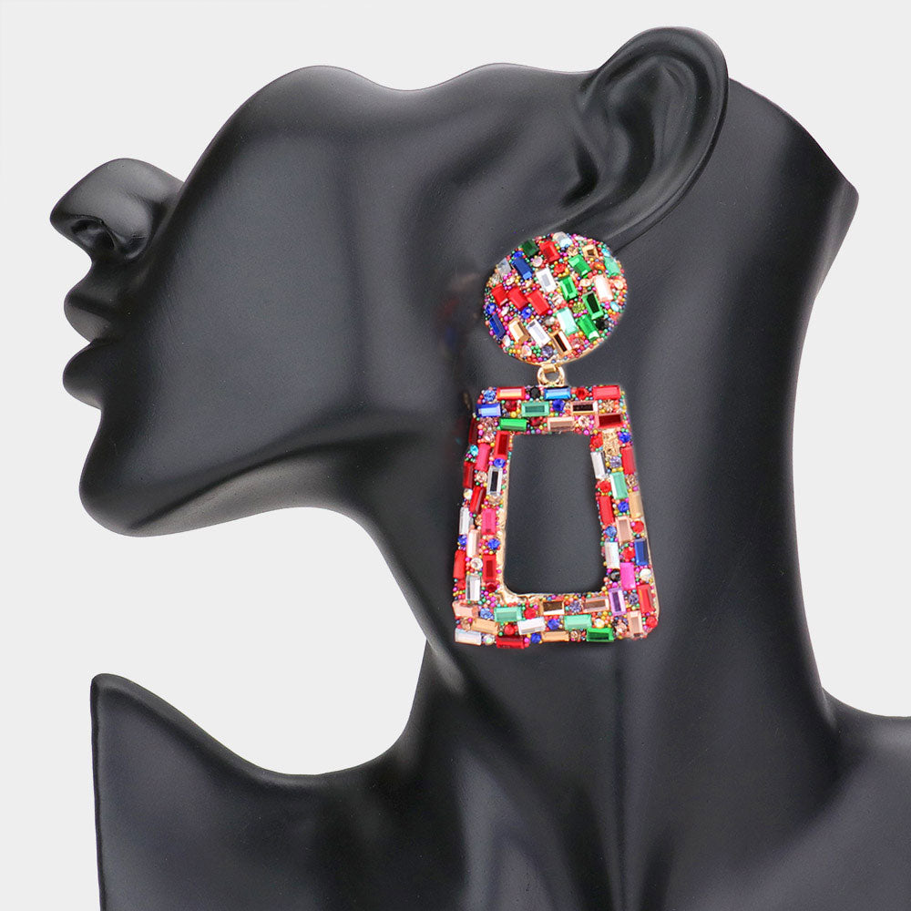 Multi-Color Crystal Stone Embellished Door Knocker Pageant Earrings  | Prom Earrings