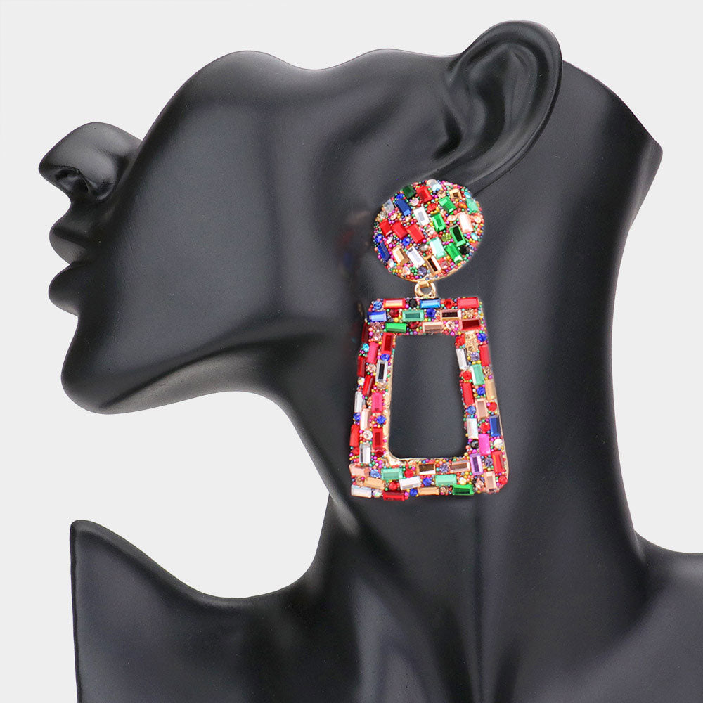 Multi-Color Crystal Stone Embellished Door Knocker Pageant Earrings  | Prom Earrings 