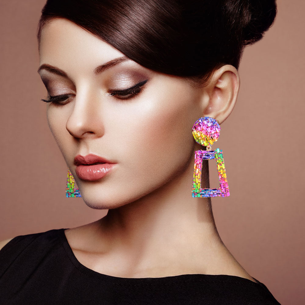 Multi-Color Crystal Stone Embellished Door Knocker Pageant Earrings  | Prom Earrings