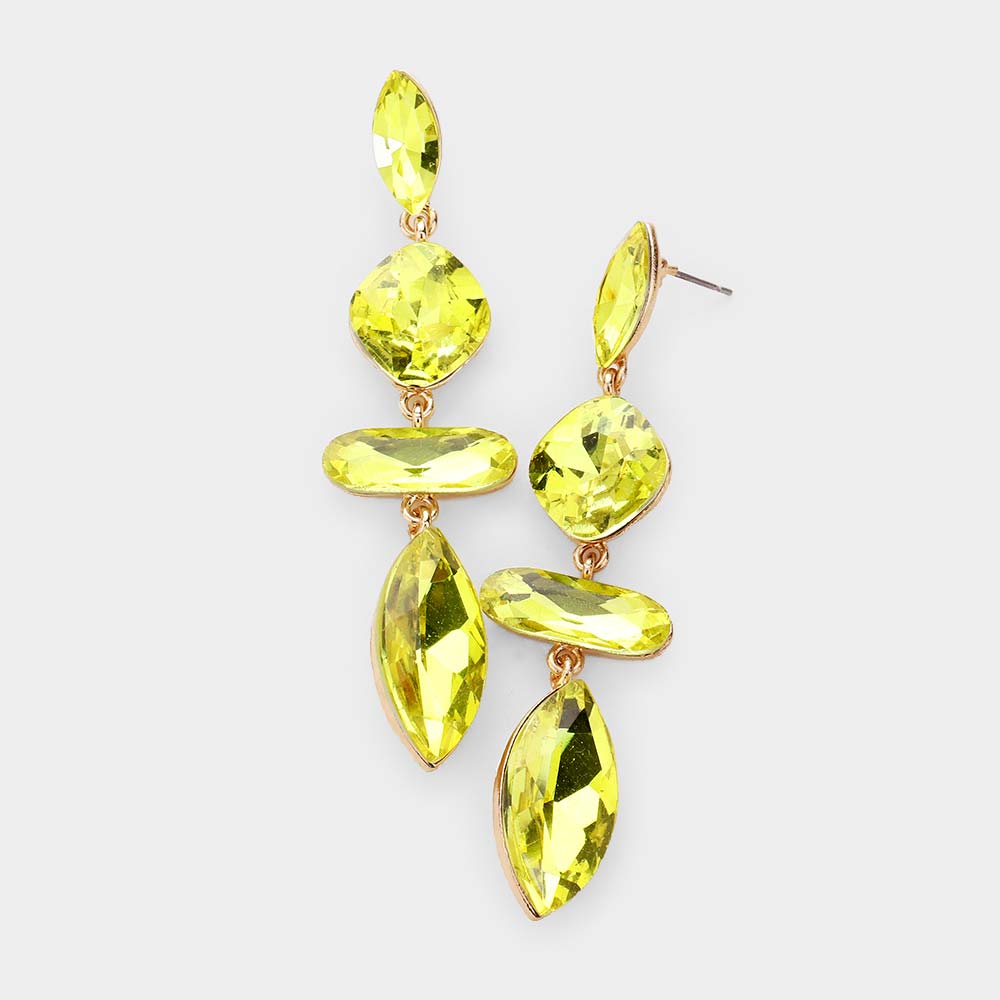 Yellow Geometric Crystal Stone Dangle Earrings on Gold | Pageant Earrings 
