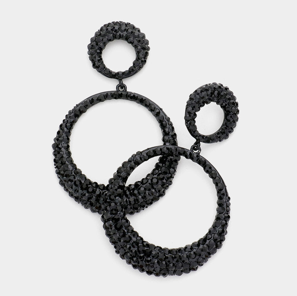Jet Black Rhinestone Embellished Hoop Earrings | 3" 