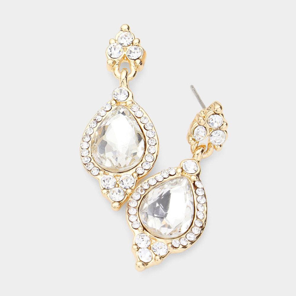 Clear Teardrop Center Dangle Earrings on Gold | Pageant Earrings