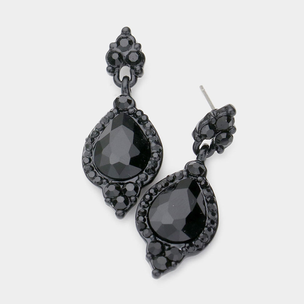 Jet Black Teardrop Center Dangle Earrings  | Pageant Earrings