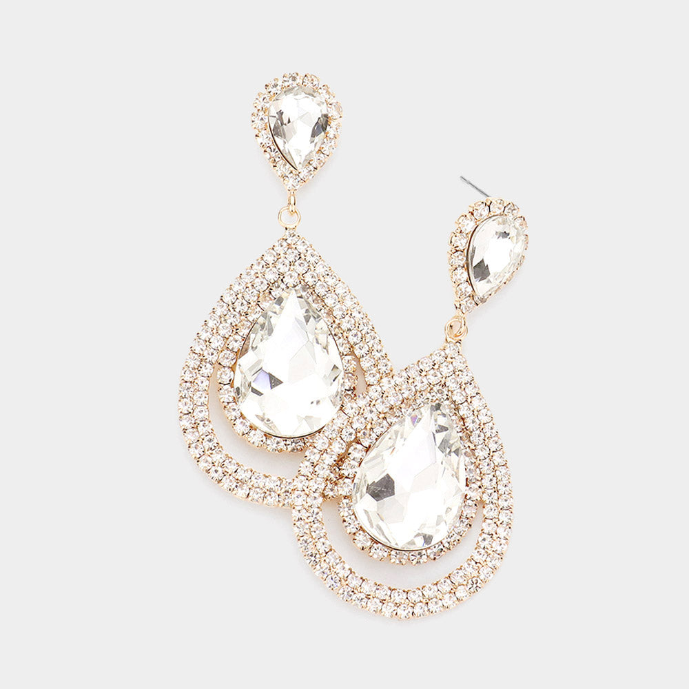 Clear Crystal Teardrop Stone Rhinestone Accented Dangle Earrings on Gold | Pageant Earrings