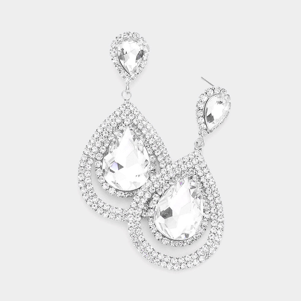 Clear Crystal Teardrop Stone Rhinestone Accented Dangle Earrings  | Pageant Earrings