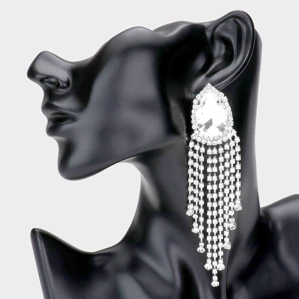 Clear Crystal Stone Fringe Dangle Pageant Earrings  | Prom Earrings