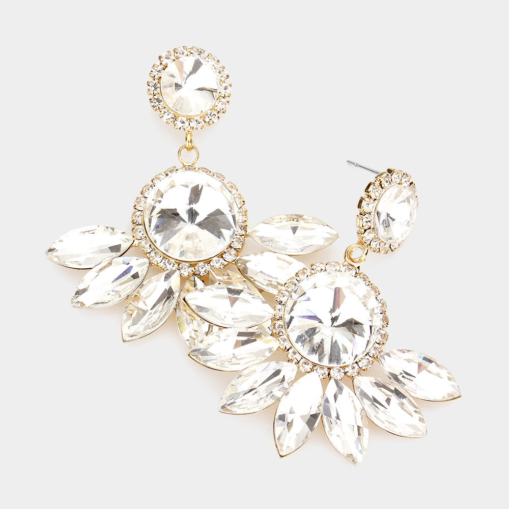 Clear Round Centered Marquise Stone Cluster Dangle Earrings on Gold | Pageant Earrings