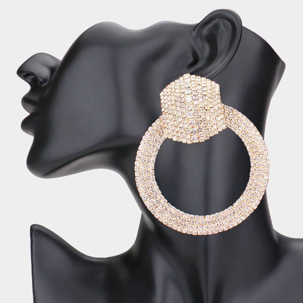 Large Clear Rhinestone Pave Open Circle Pageant Earrings on Gold | 3.3"