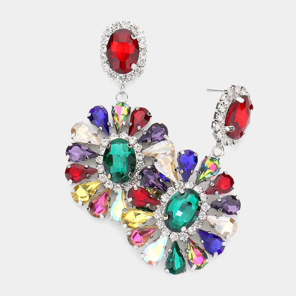 Multi-Color Crystal Oval Stone Centered Teardrop Cluster Pageant Earrings 