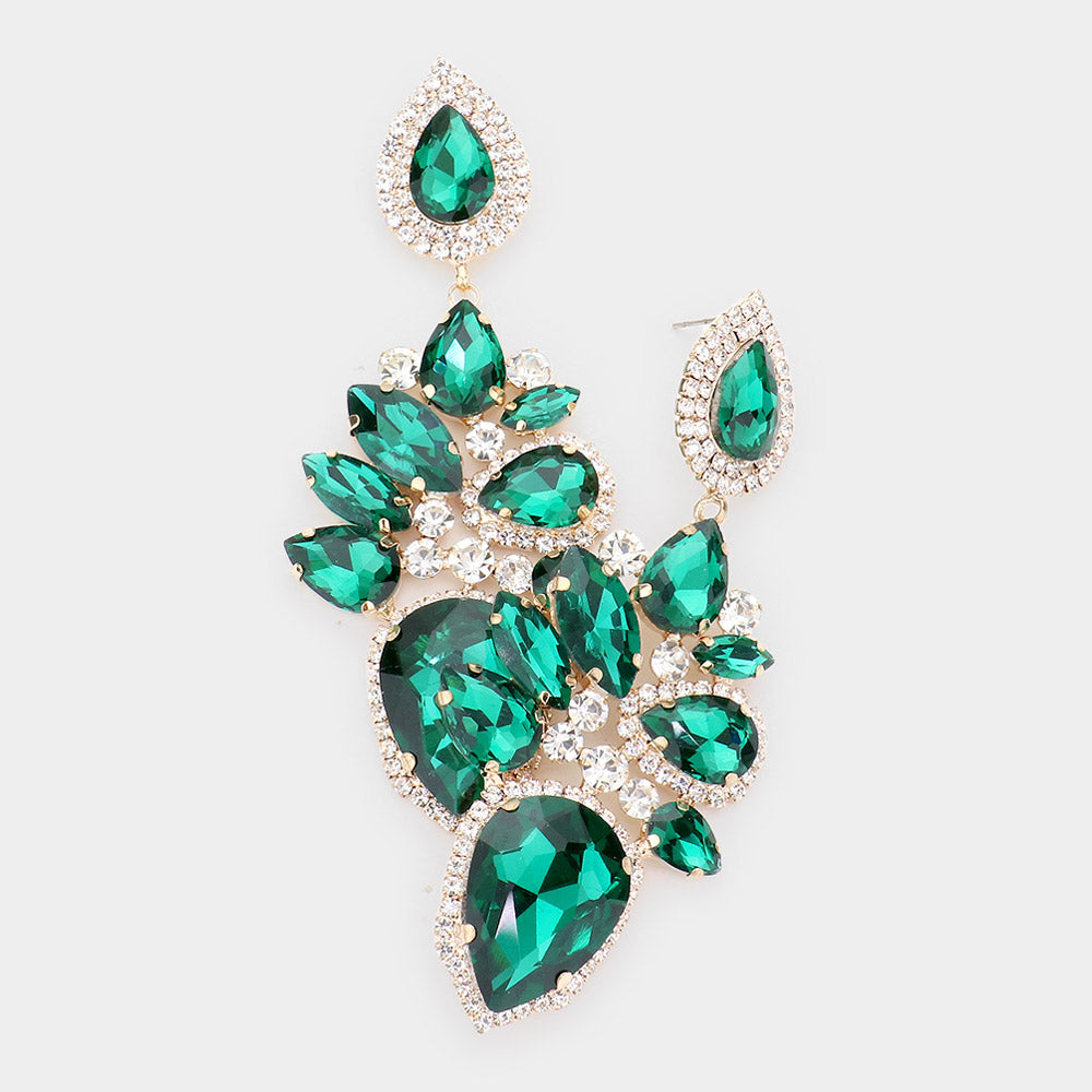 Emerald Crystal Marquise Teardrop Stone Cluster Pageant Statement Earrings  | Pageant Earrings