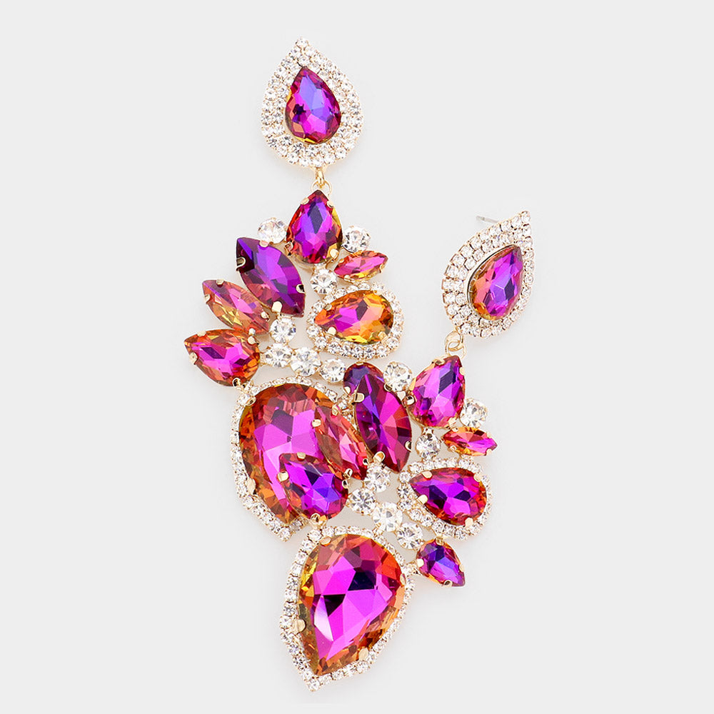 Fuchsia Crystal Marquise Teardrop Stone Cluster Pageant Statement Earrings   | Pageant Earrings