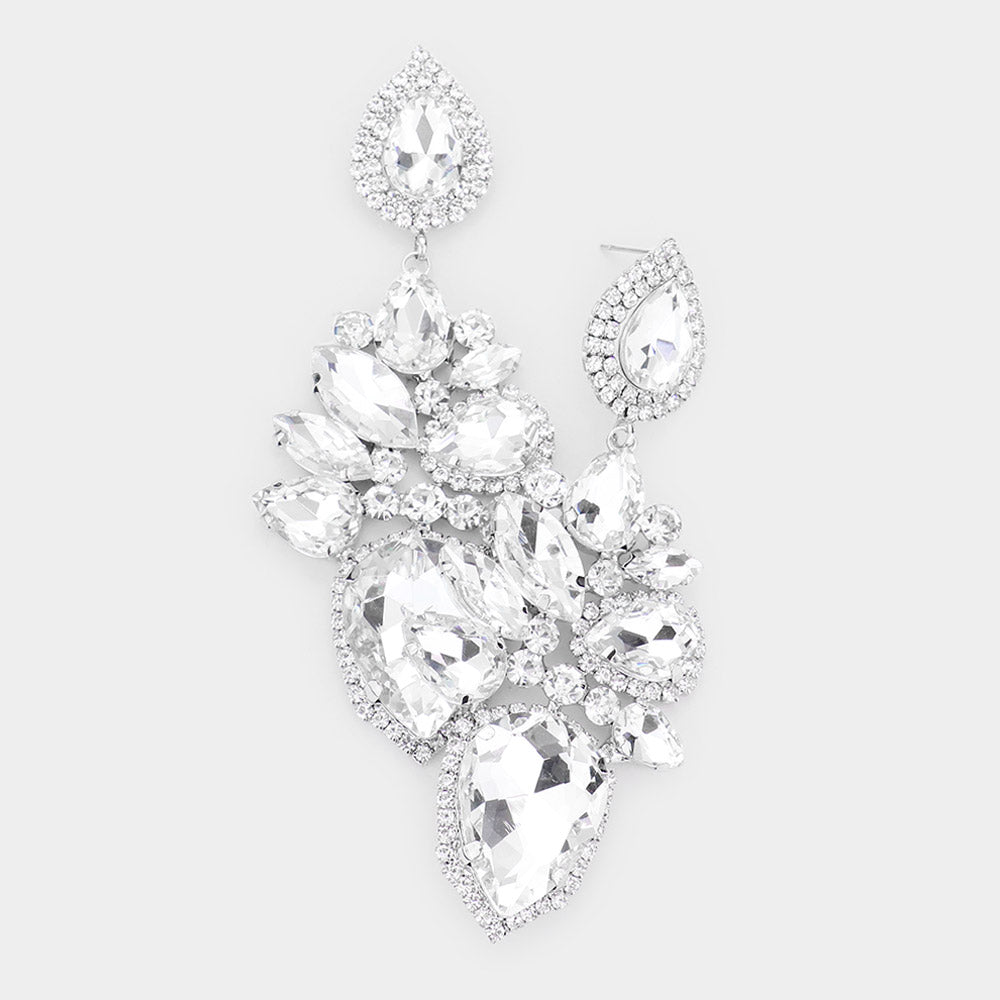 Clear Crystal Marquise Teardrop Stone Cluster Pageant Statement Earrings   | Pageant Earrings