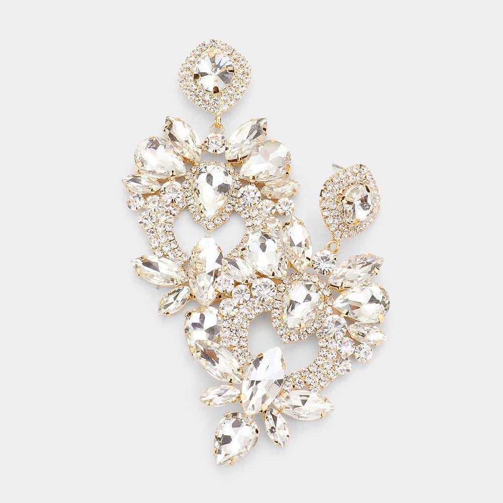Multi Shape Clear Stone Statement Chandelier Pageant Earrings on Gold