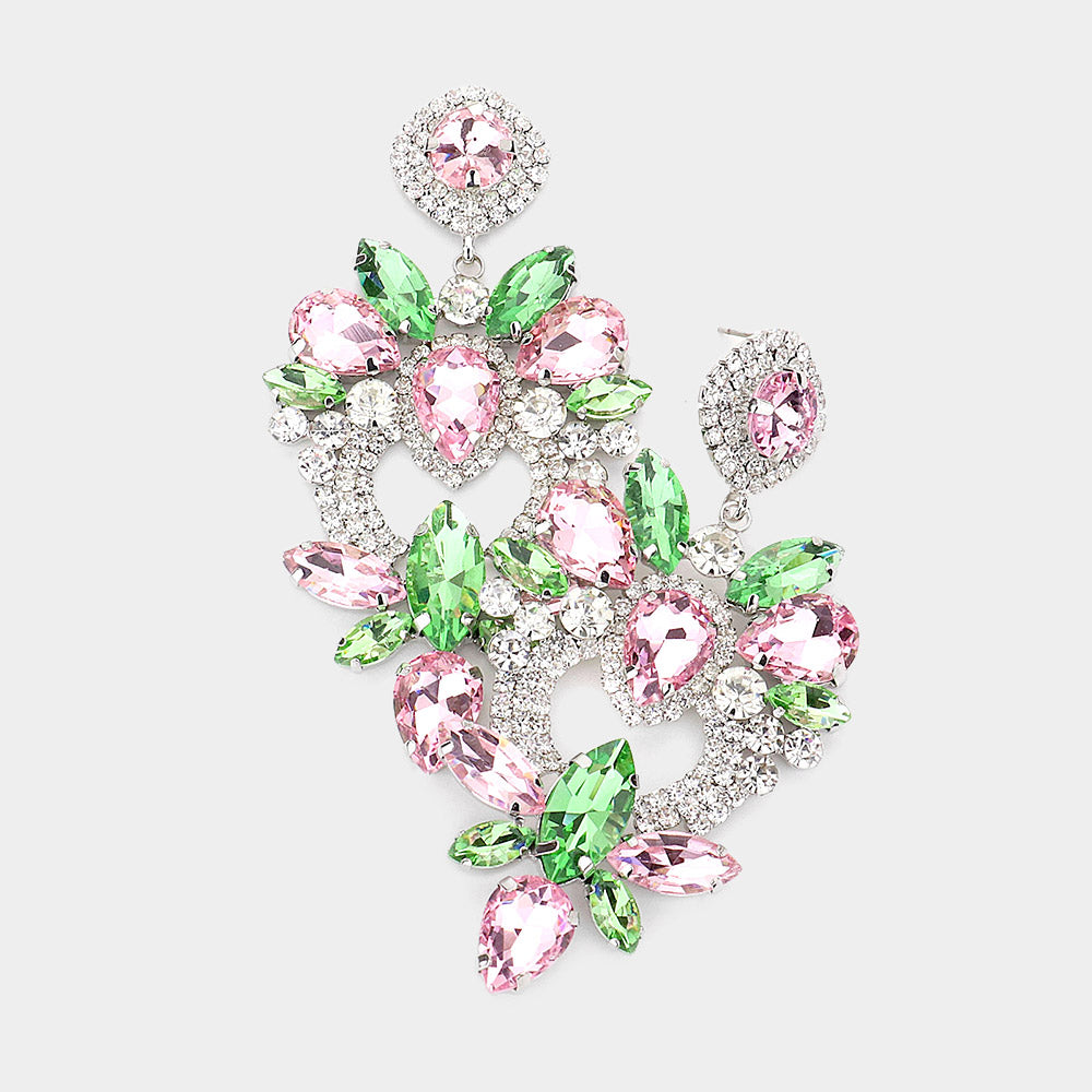 Multi Shape Pink & Green Stone Statement Chandelier Pageant Earrings
