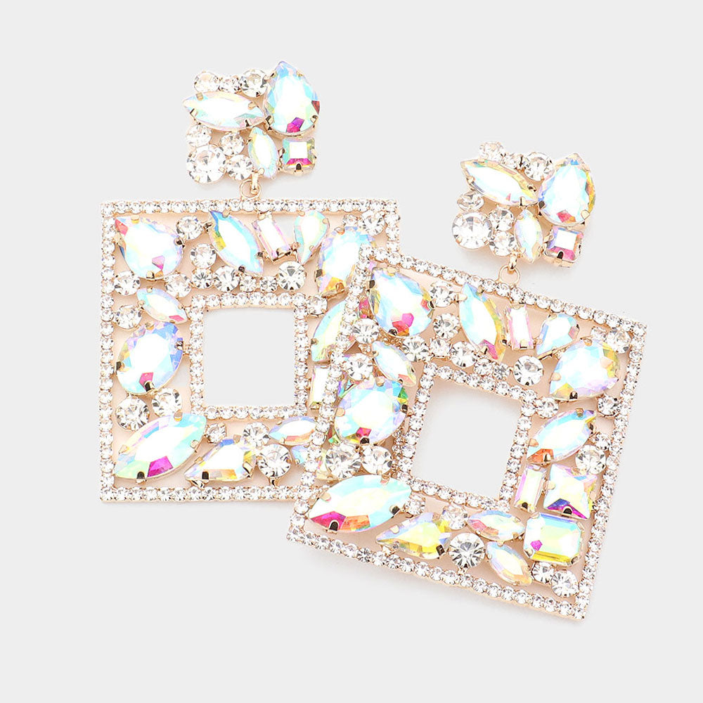 AB Multi Crystal Stone Square Chandelier Pageant Earrings on gold | Prom Earrings