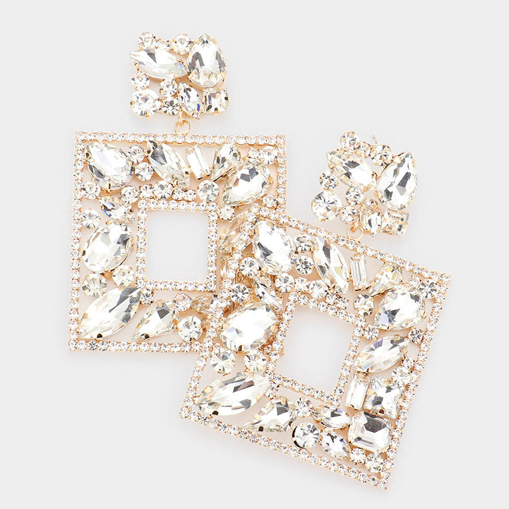 Clear Multi Crystal Stone Square Chandelier Pageant Earrings on Gold | Prom Earrings
