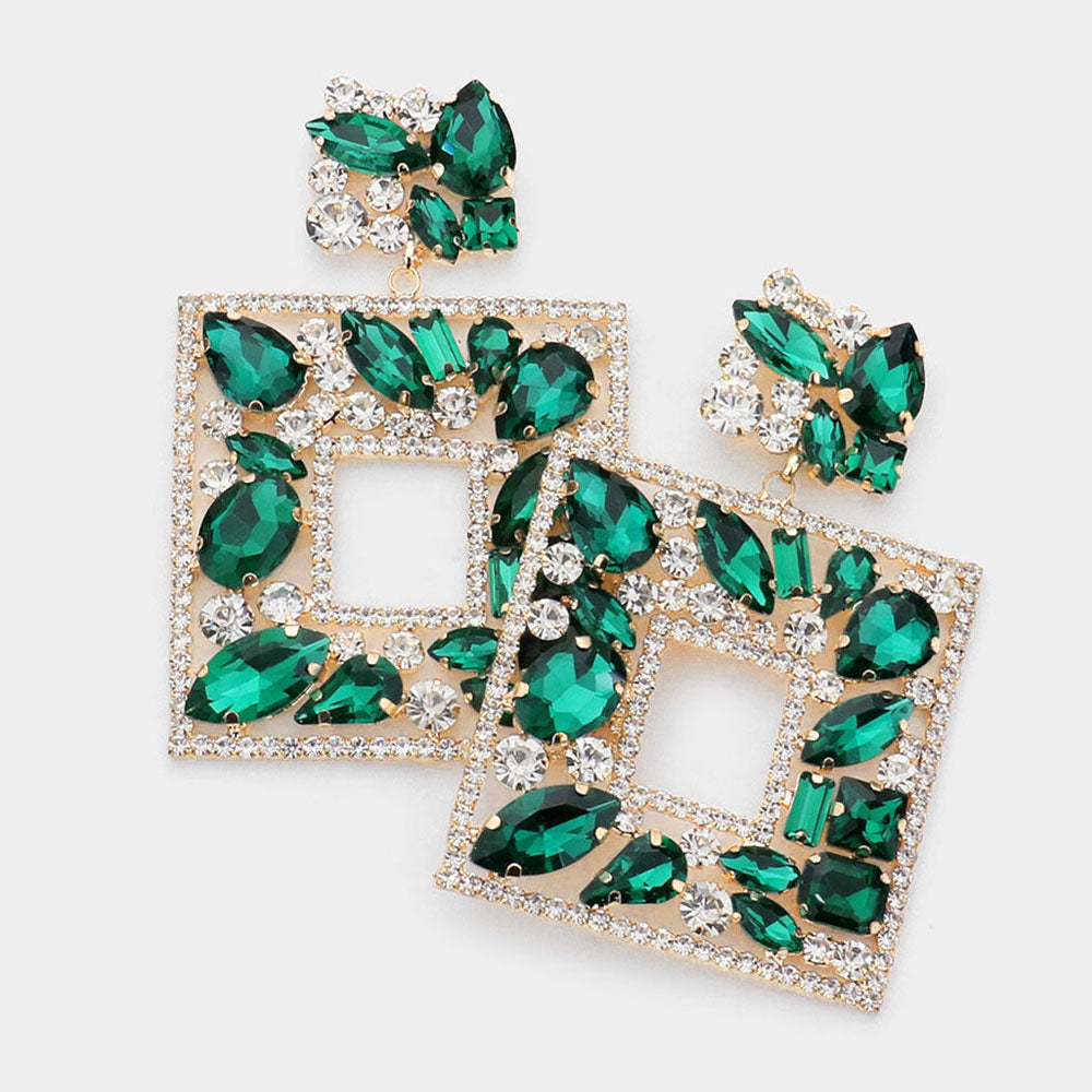 Emerald Multi Crystal Stone Square Chandelier Pageant Earrings | Prom Earrings