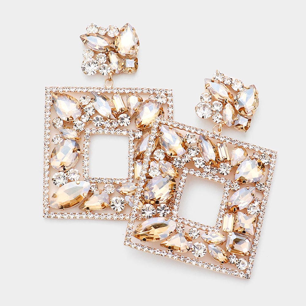 Light Topaz Multi Crystal Stone Square Chandelier Pageant Earrings | Prom Earrings | 544608