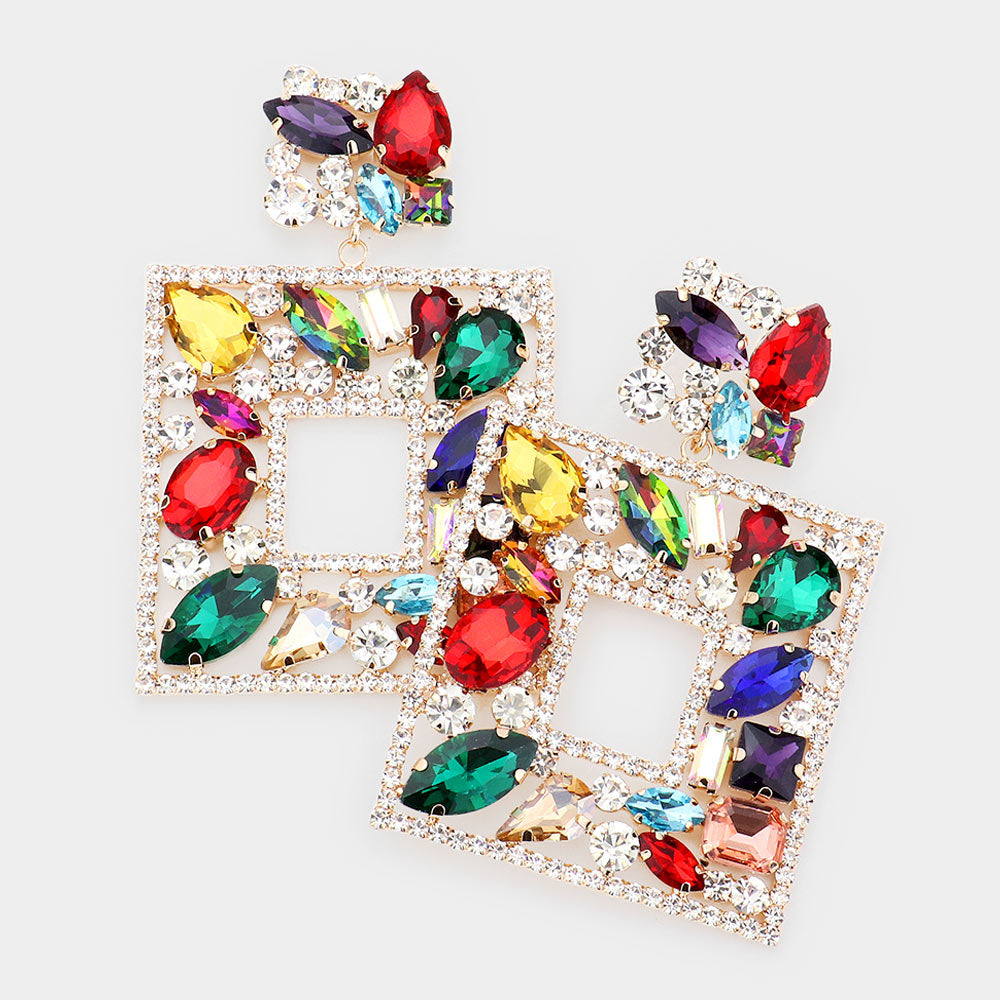 Multi-Color Multi Crystal Stone Square Chandelier Pageant Earrings on Gold  | Prom Earrings