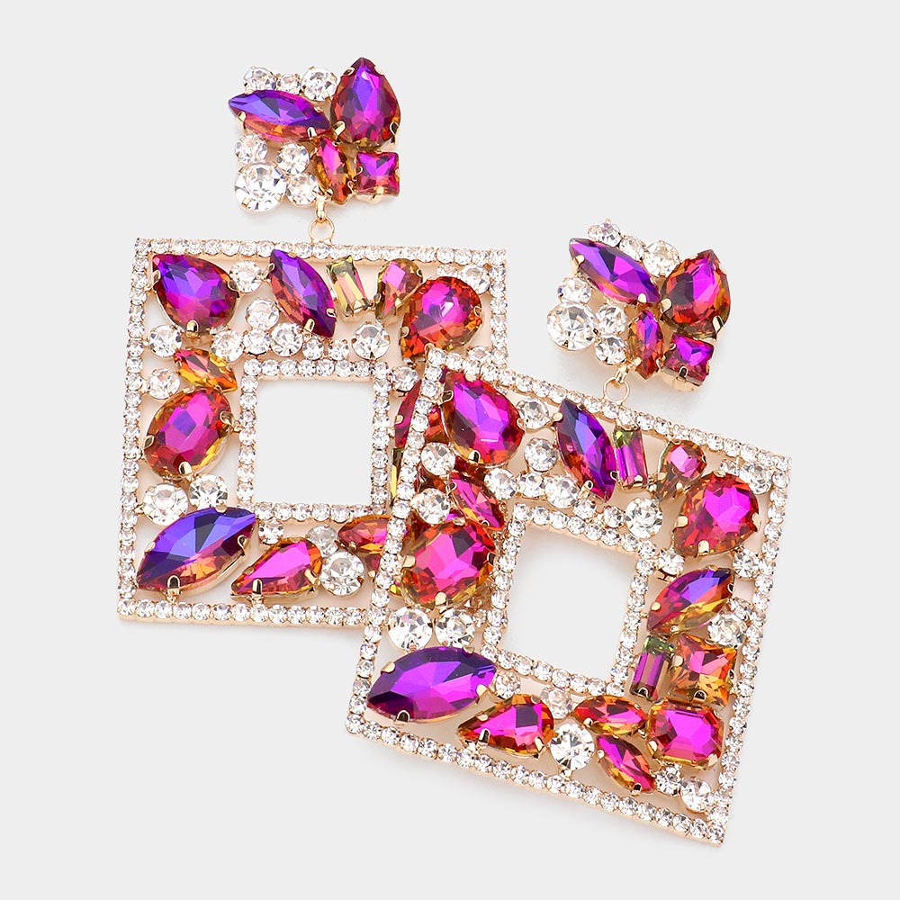 Purple AB Multi Crystal Stone Square Chandelier Pageant Earrings | Prom Earrings