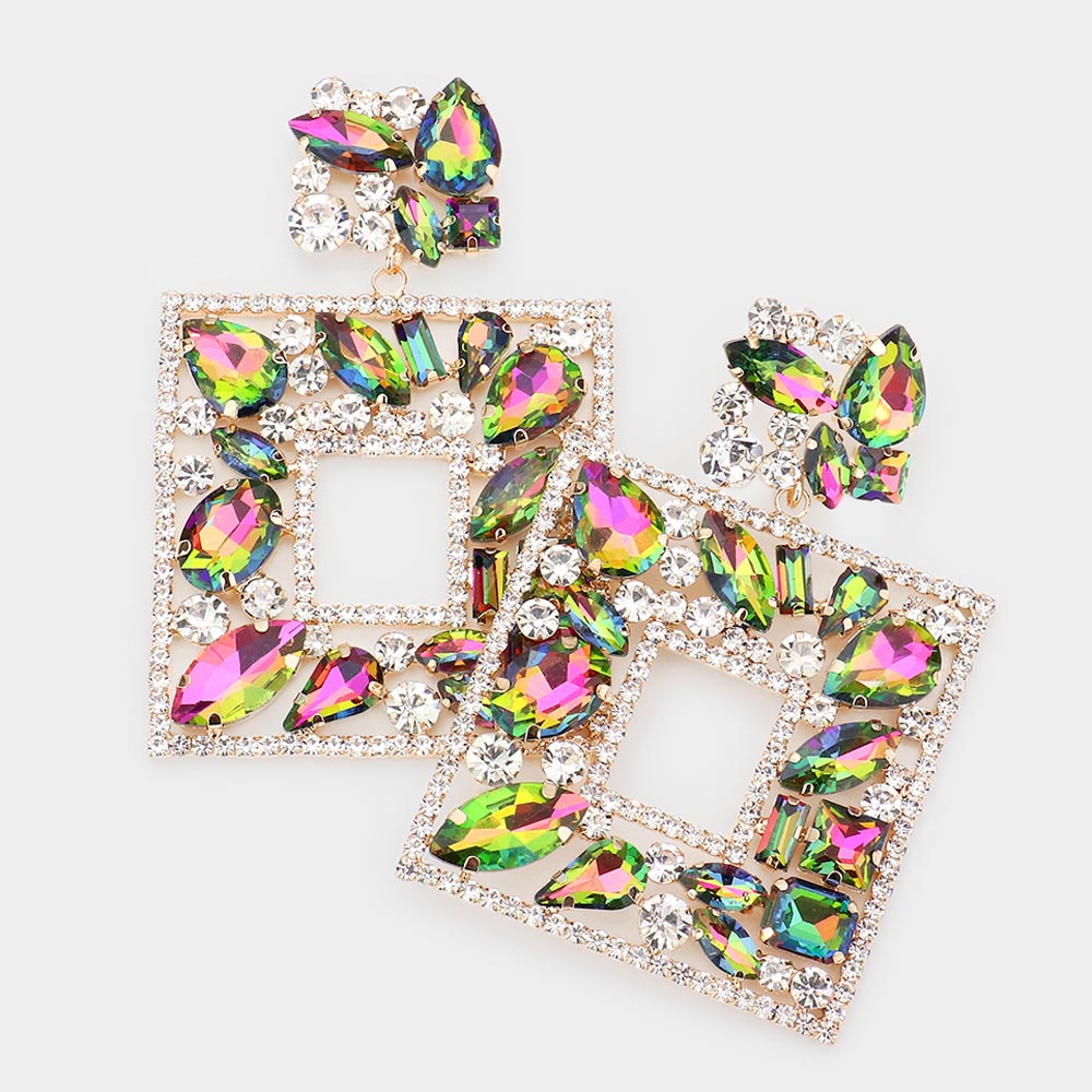 Multi-Color Multi Crystal Stone Square Chandelier Pageant Earrings  | Prom Earrings
