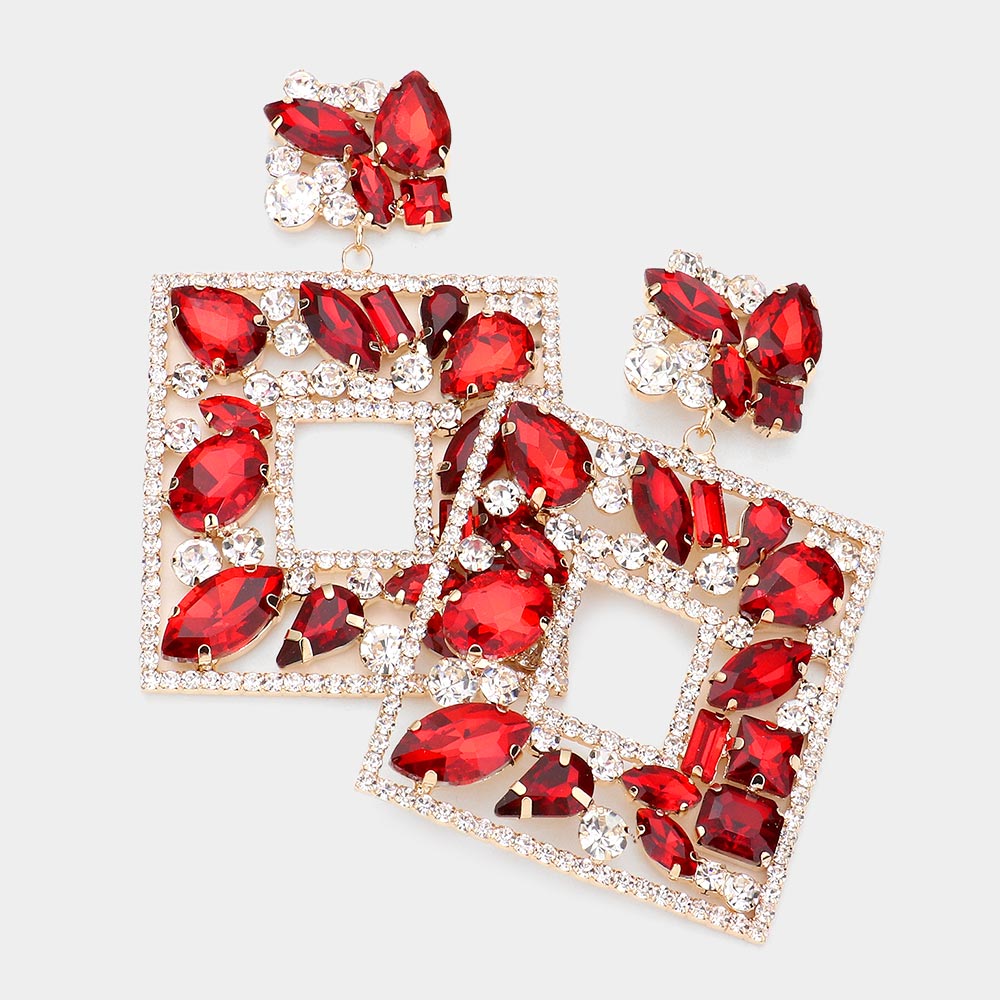 Red Multi Crystal Stone Square Chandelier Pageant Earrings | Prom Earrings