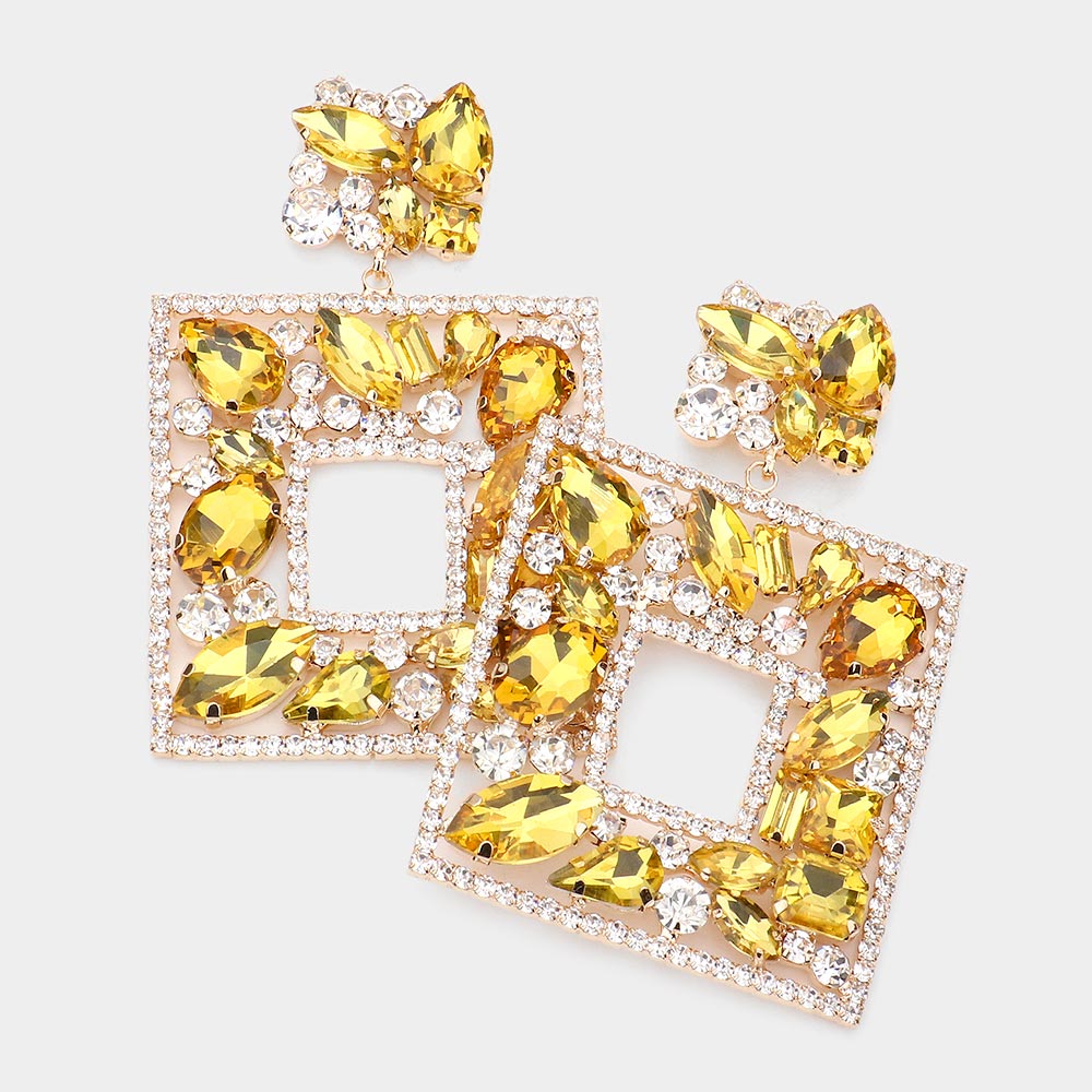 Yellow Multi Crystal Stone Square Chandelier Pageant Earrings | Prom Earrings