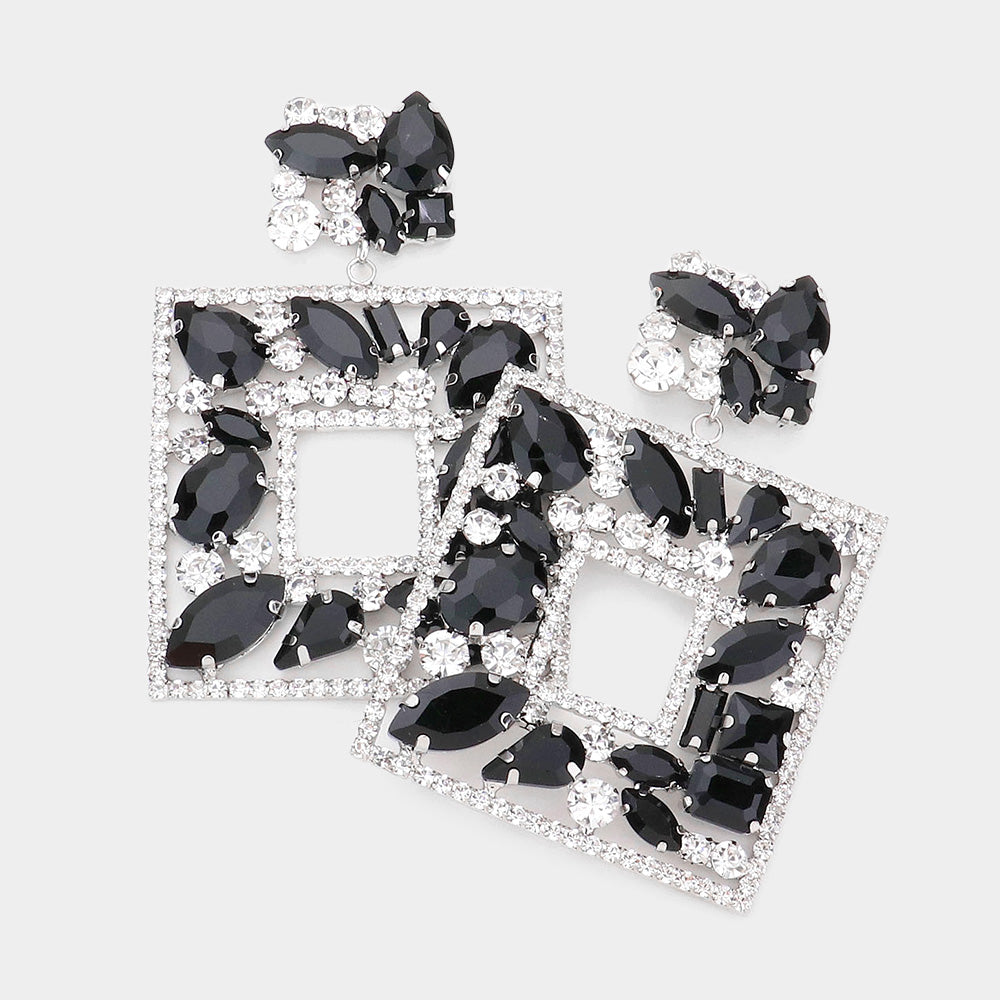 Black Multi Crystal Stone Square Chandelier Pageant Earrings | Prom Earrings