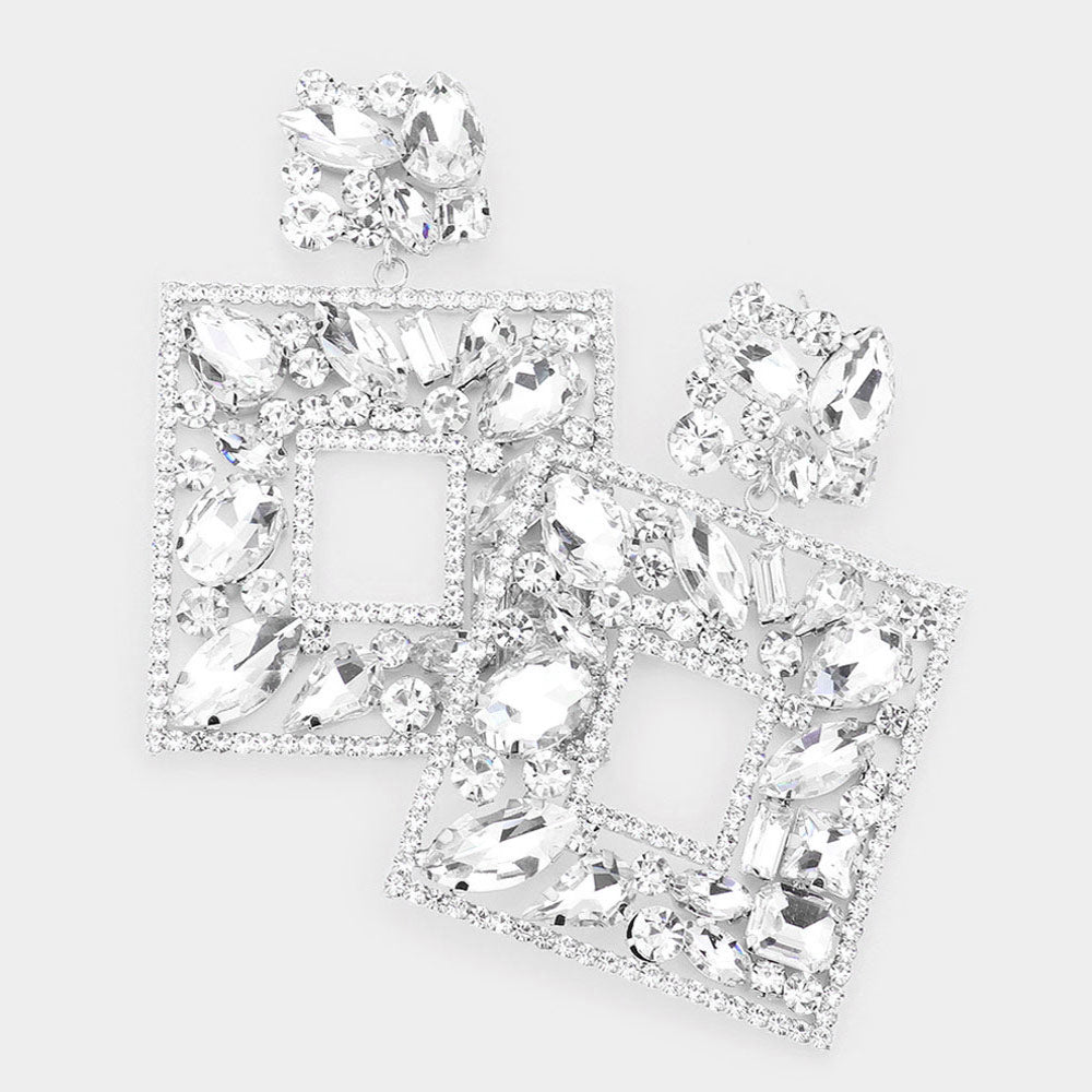 Clear Multi Crystal Stone Square Chandelier Pageant Earrings  | Prom Earrings