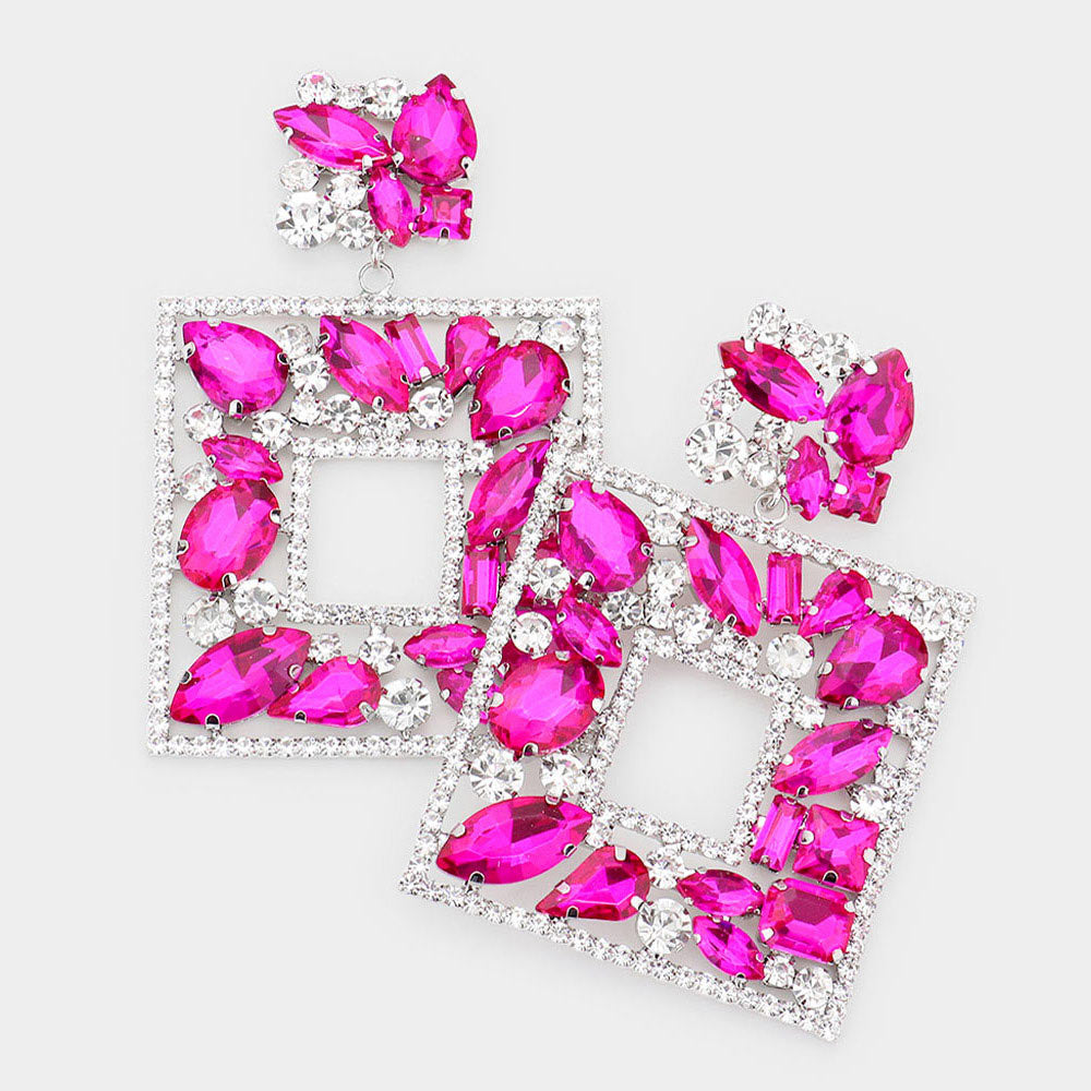 Fuchsia Multi Crystal Stone Square Chandelier Pageant Earrings | Prom Earrings | 537267