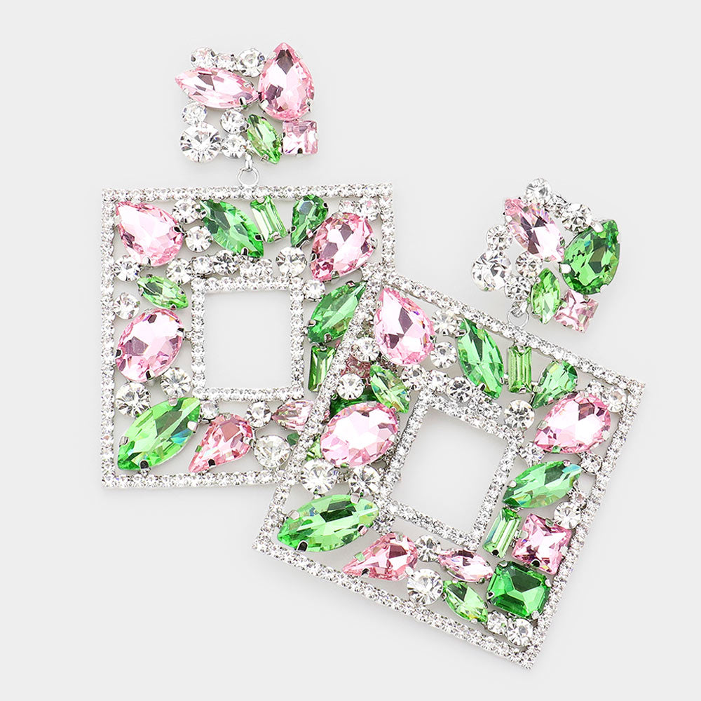 Pink & Green Multi Crystal Stone Square Chandelier Pageant Earrings  | Prom Earrings