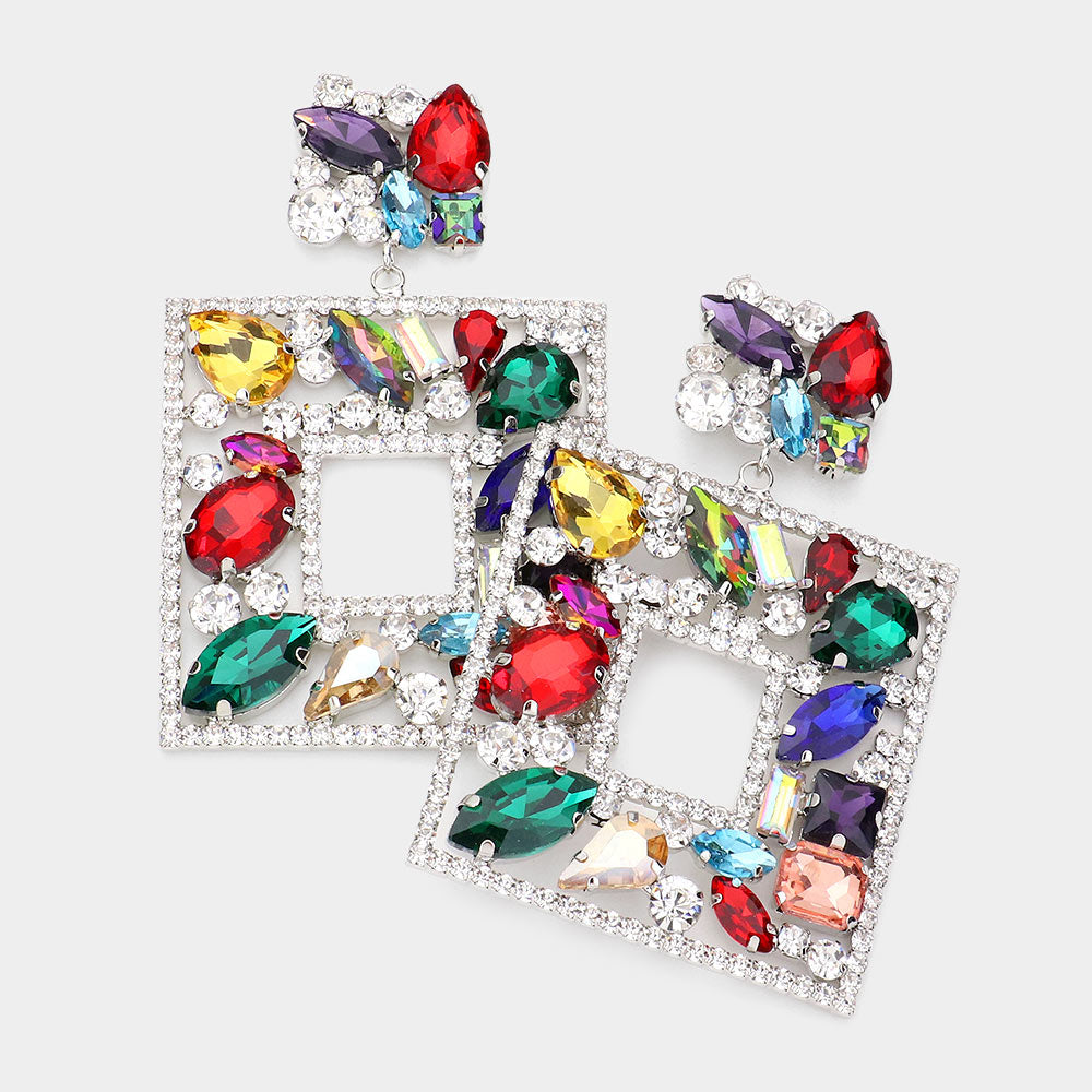 Multi-Color Multi Crystal Stone Square Chandelier Pageant Earrings | Prom Earrings