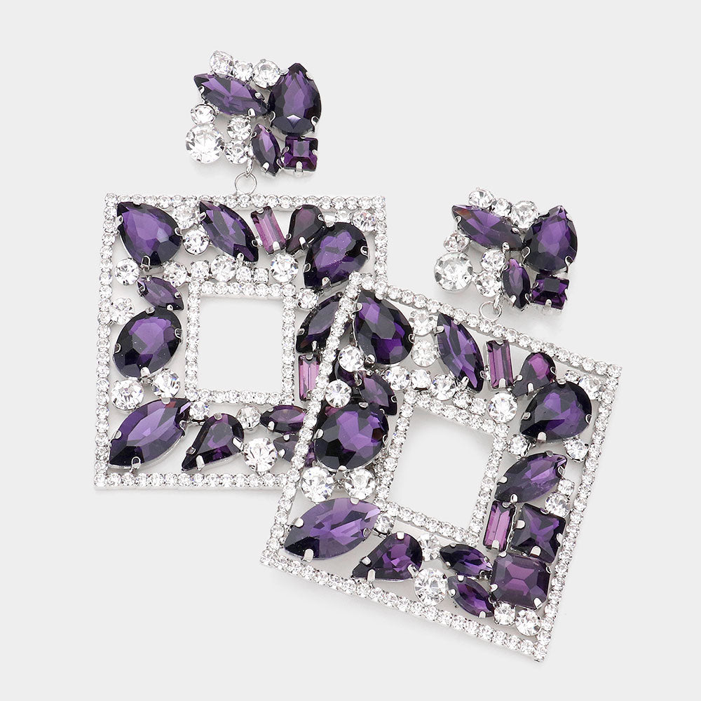 Purple Multi Crystal Stone Square Chandelier Pageant Earrings | Prom Earrings