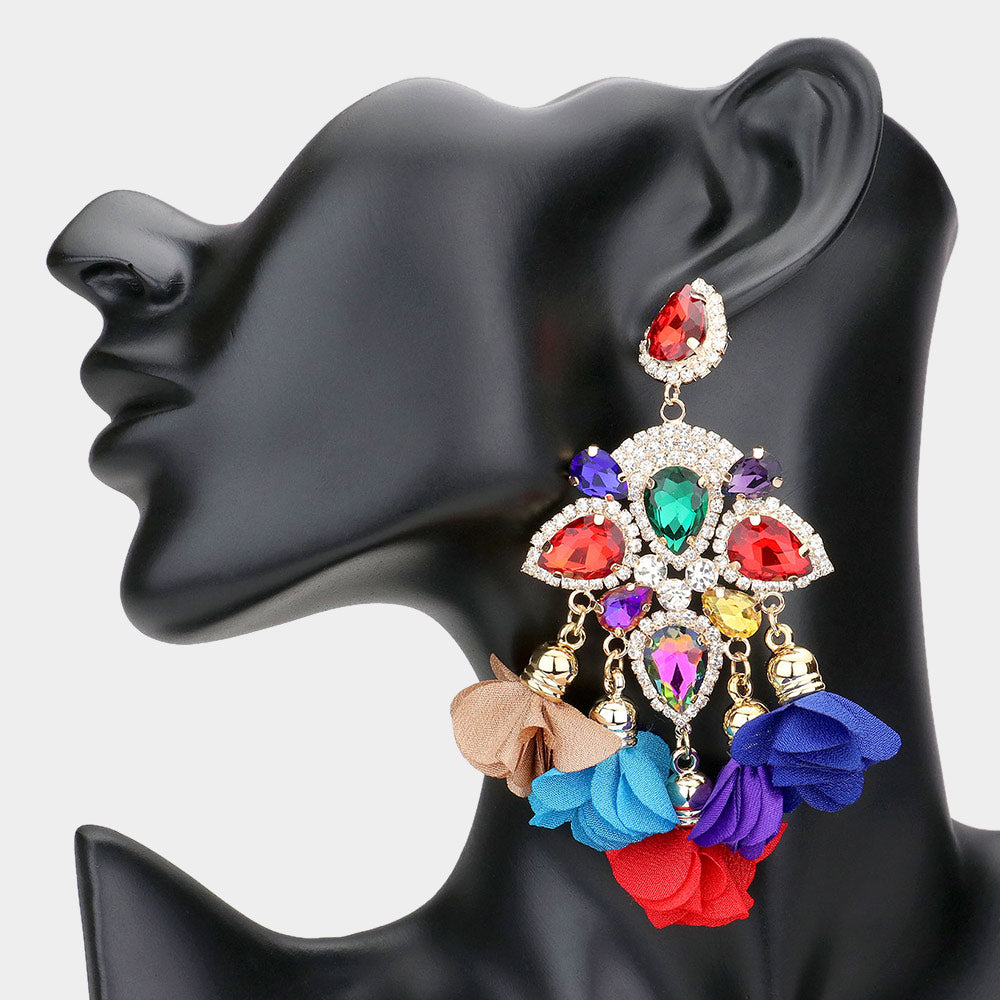 Multi-Color Crystal and Fabric Flower Fun Fashion Chandelier Earrings