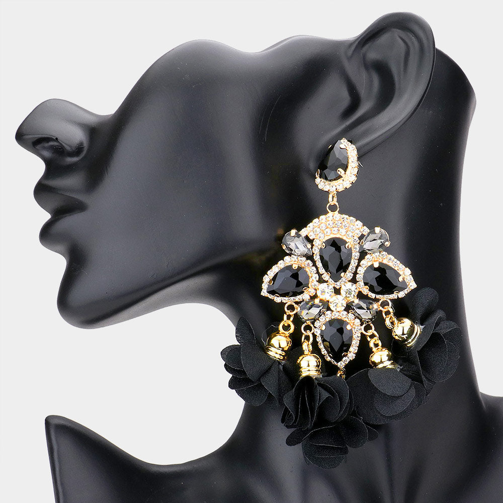 Black Crystal and Fabric Flower Fun Fashion Chandelier Earrings