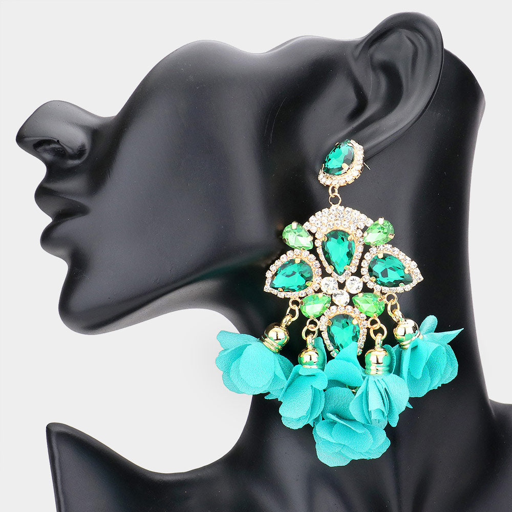 Emerald Crystal and Fabric Flower Fun Fashion Chandelier Earrings | 541395