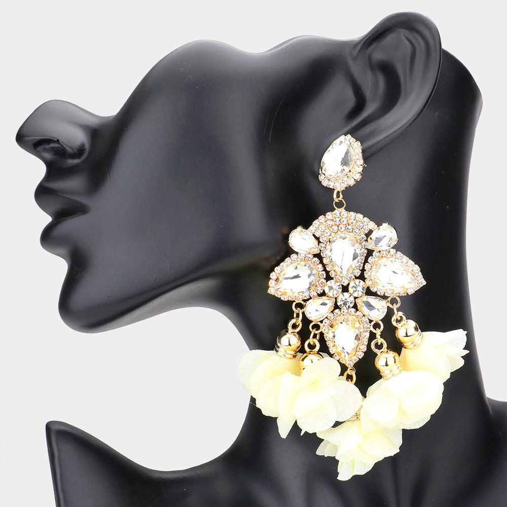 Clear Crystal and Ivory Fabric Flower Fun Fashion Chandelier Earrings on Gold