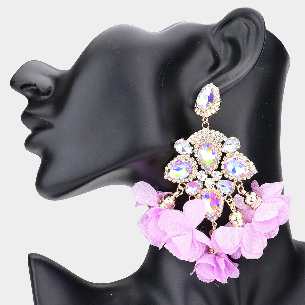 AB Crystal and Lavender Fabric Flower Fun Fashion Chandelier Earrings