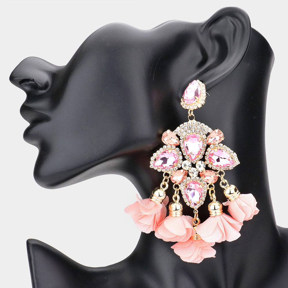Peach Crystal and Fabric Flower Fun Fashion Chandelier Earrings