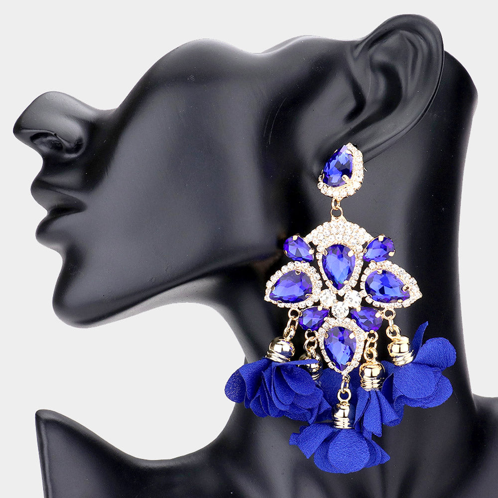 Royal Blue Crystal and Fabric Flower Fun Fashion Chandelier Earrings