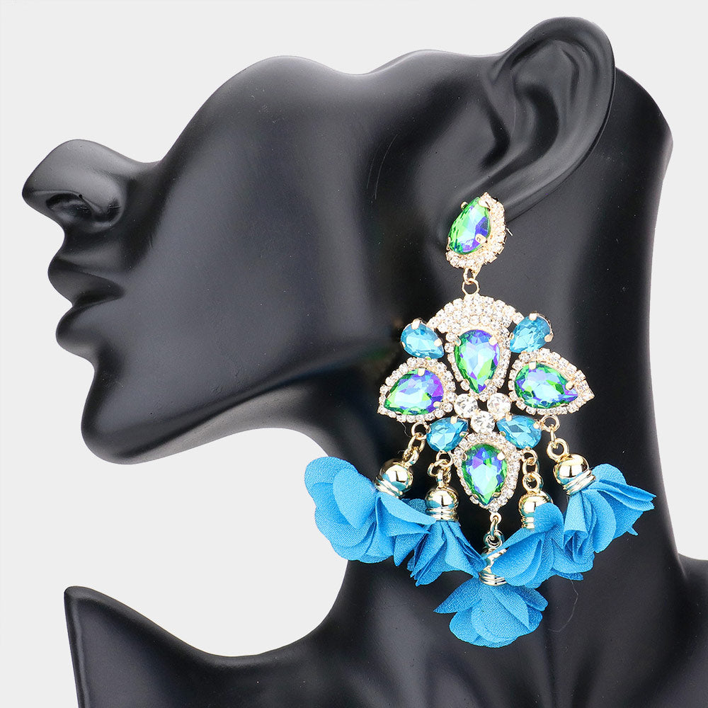 Turquoise Crystal and Fabric Flower Fun Fashion Chandelier Earrings