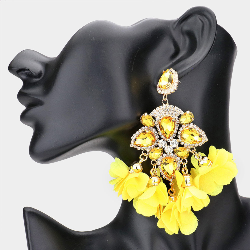 Yellow Crystal and Fabric Flower Fun Fashion Chandelier Earrings